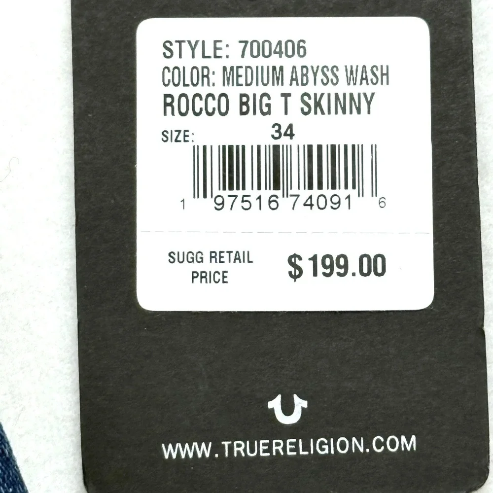 True Religion Men's Rocco Big T Stretch Skinny Abyss Blue Denim Jeans 34x32 NWT